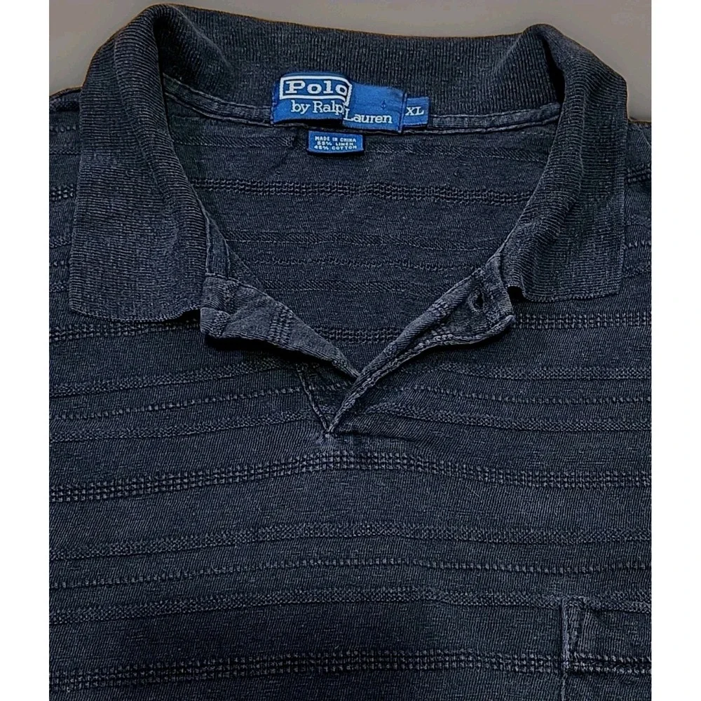 Polo Ralph Lauren Linen Cotton Polo Shirt XL Navy Textured Stripe Made In Peru